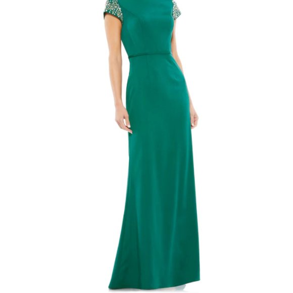 MAC DUGGAL 55718 BEADED CAP SLEEVE BATEAU NECK COLUMN EMERALD GREEN GOWN sz 2 - Picture 3 of 6